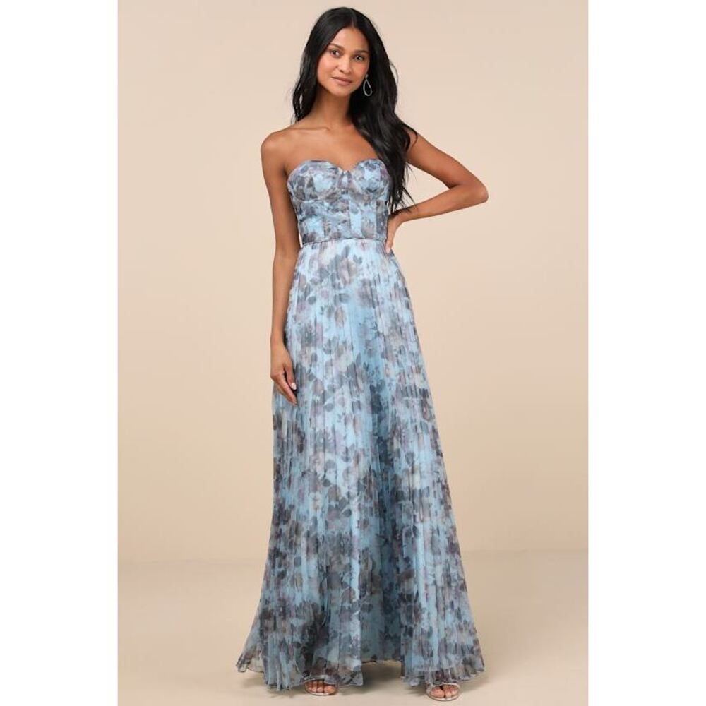 Lulus Most Beautiful Day Blue Multi Floral Print Organza Maxi Dress - Size S